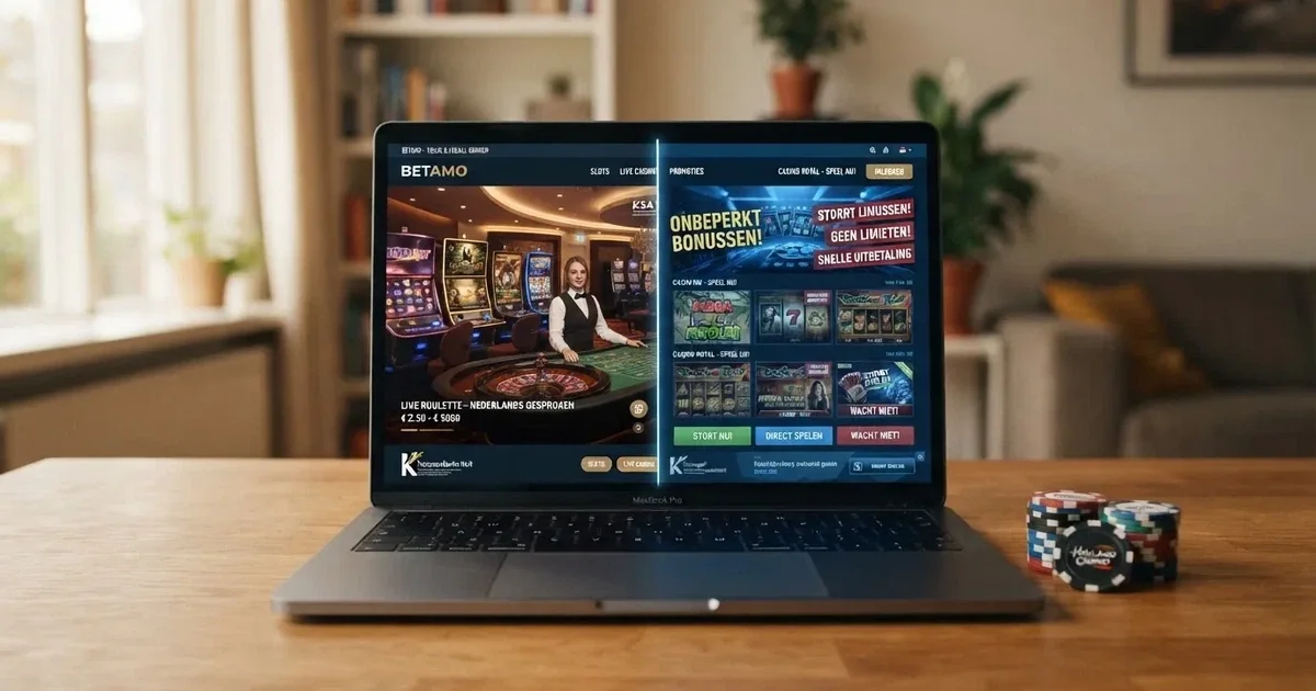 Een vergund online casino en een casino zonder Nederlandse vergunning naast elkaar op een scherm