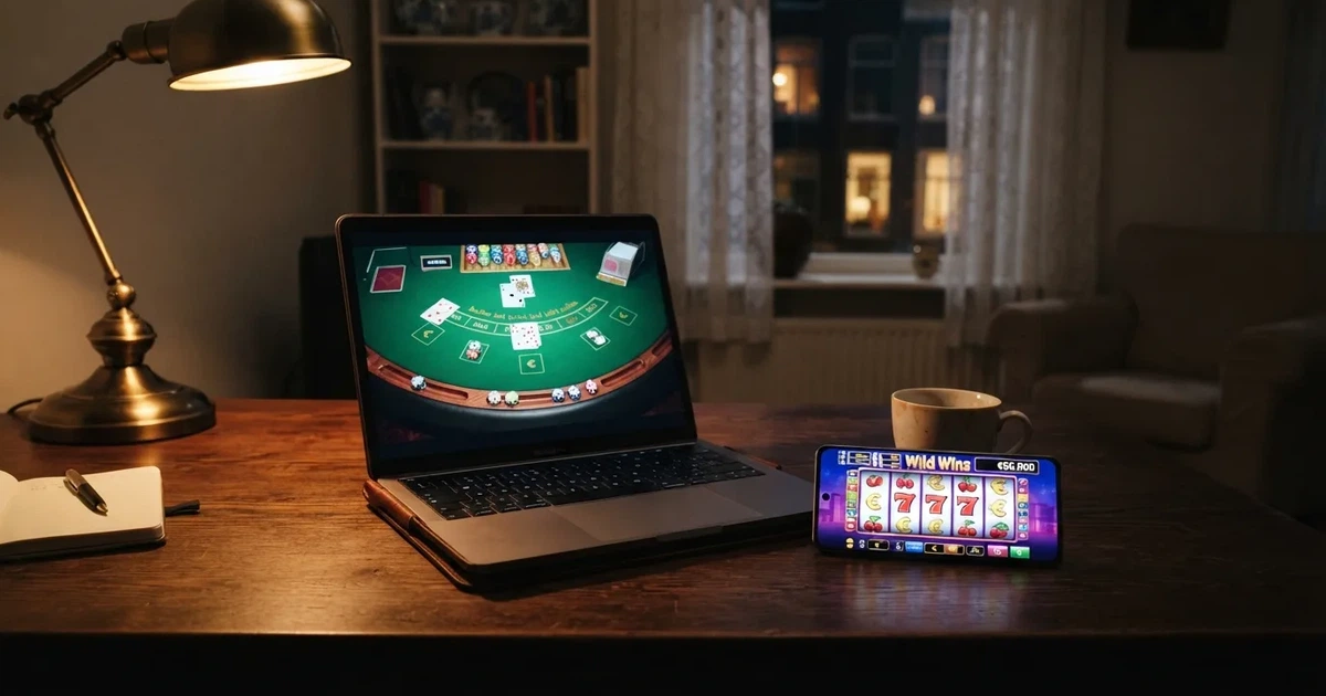 Smartphone en laptop met een geopend online casino, 's nachts op een bureau