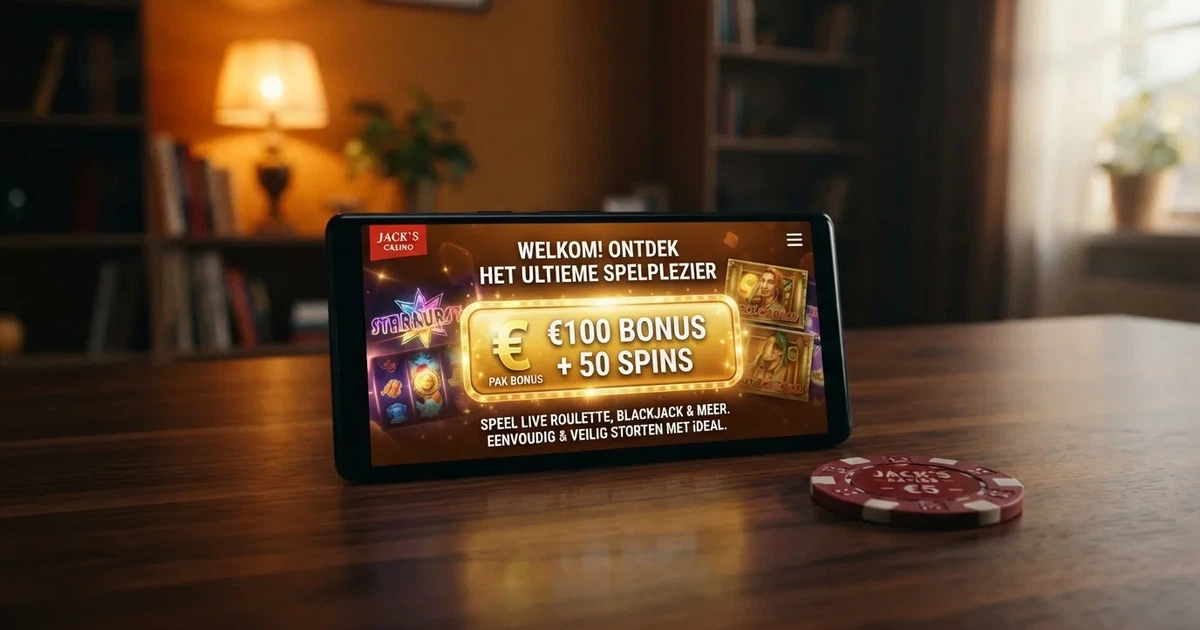 Een Nederlands online casino-interface op een scherm, met een uitgelichte bonusknop of welkomstscherm zonder storting
