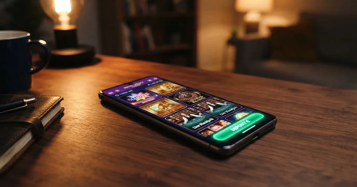 Een Android-smartphone met het startscherm van een Nederlandse casino app, met tegels voor gokkasten, live casino en stortingsopties zichtbaar op het scherm