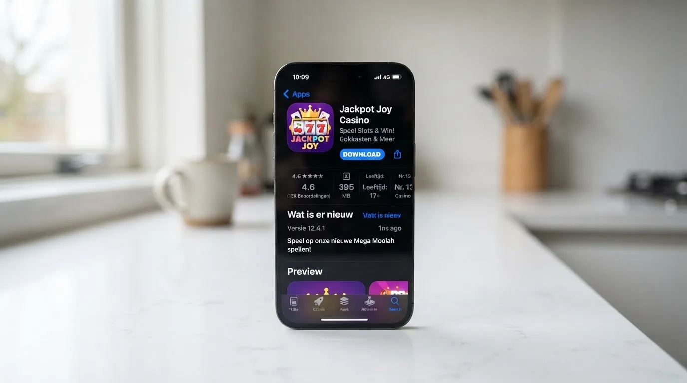 Een iPhone-scherm met de Apple App Store open op de pagina van een Nederlandse casino-app, de downloadknop in beeld