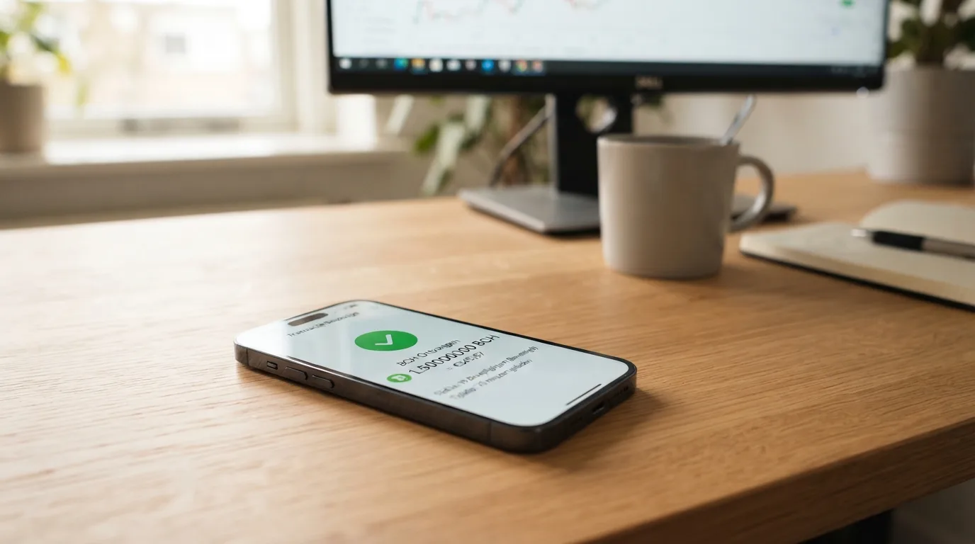 Een smartphone met Bitcoin Cash wallet-app en een blockchain-bevestigingsscherm met tijdstempel