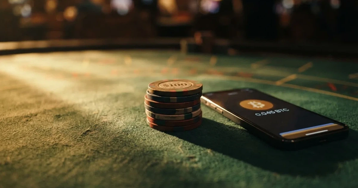 Bitcoinmunten en pokerchips op een groene casino-tafel, naast een smartphone met een wallet-app