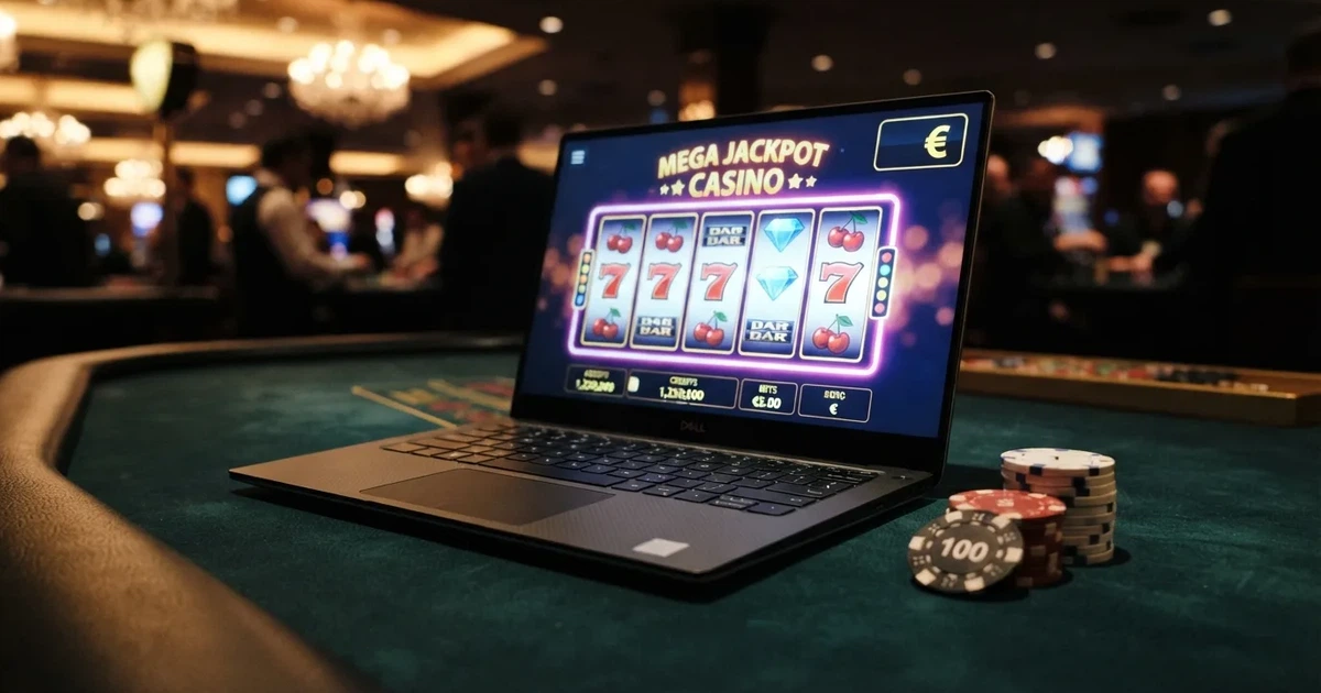 Een laptop met een bitcoin casino-webpagina op het scherm, naast fysieke bitcoin-munten op een donkere speeltafel