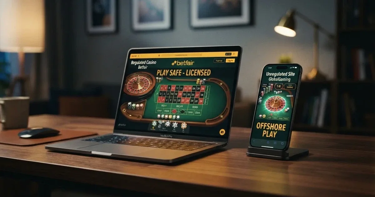 Een online casino-interface met speeltafels, open op laptop en smartphone naast elkaar.