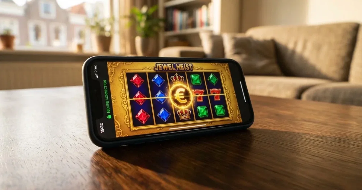 Een smartphone met Nederlandse casino apps op het scherm, een slot-spel zichtbaar en een hangslot-icoon in de statusbalk