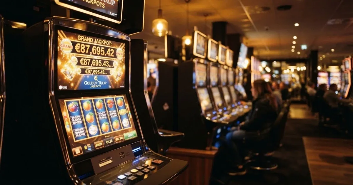 Een rij progressieve jackpot gokkasten met oplichtende jackpotbedragen op het scherm, in een Nederlands online casino
