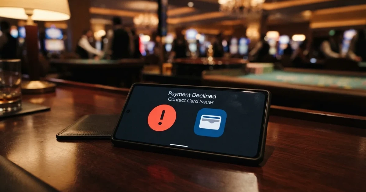 Een smartphone met het Riverty-logo naast een rood waarschuwingspictogram op een casino-website, tegen een strakke donkerblauwe achtergrond.