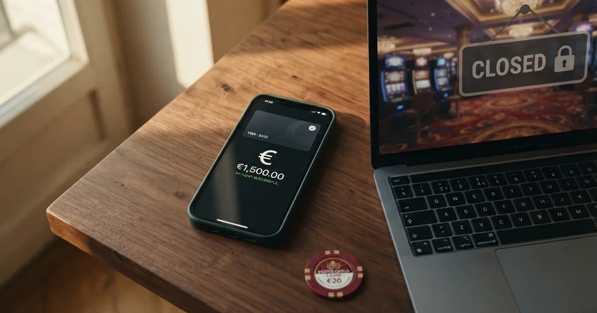 Smartphone met de Apple Pay-kaart op het scherm naast een gesloten online casino-pagina