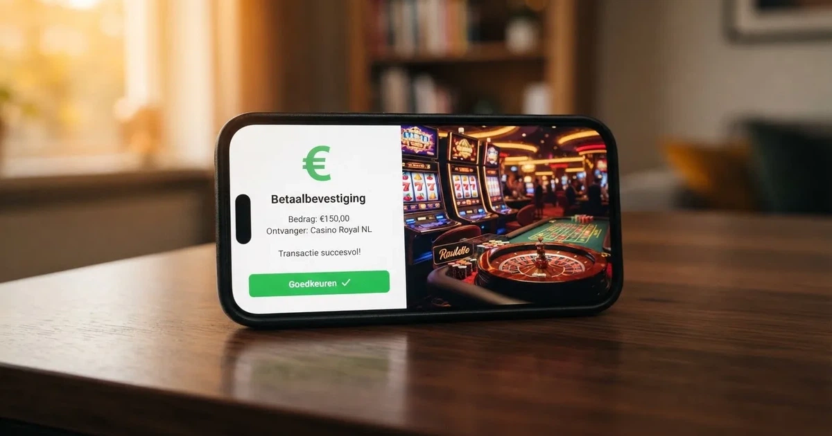 Smartphone met een Bancontact-betaalpagina naast een casino-app op het scherm