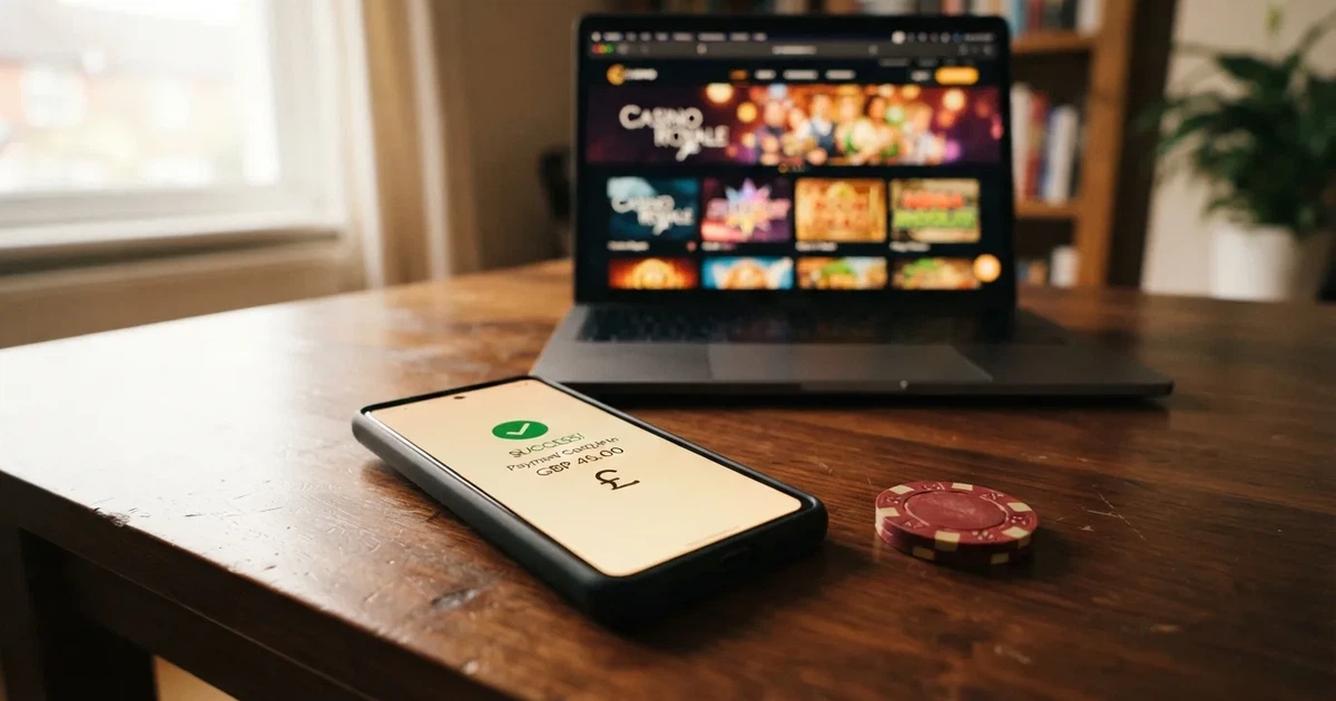 Een smartphone met daarop het Brite-betaalscherm en op de achtergrond een online casino-interface