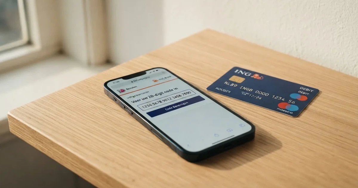 Een smartphone met daarop de CashtoCode-website naast een Nederlandse pinpas, tegen een neutrale achtergrond.