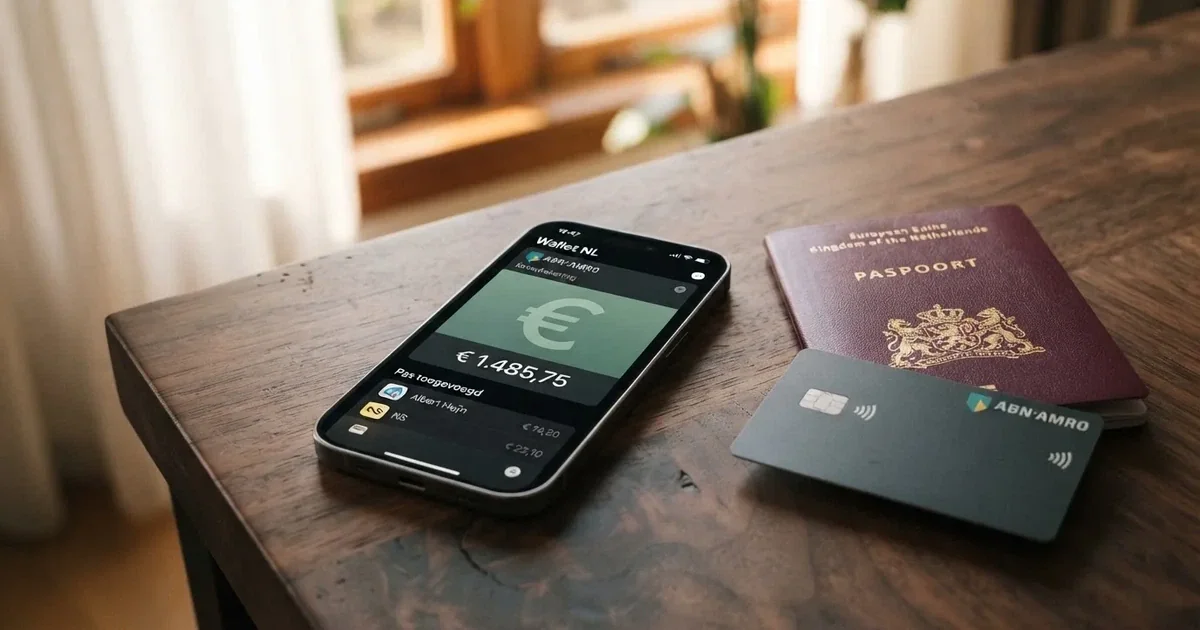 Een smartphone met het Payz-logo op het scherm, naast een Nederlands paspoort en een bankpas met iDEAL-logo