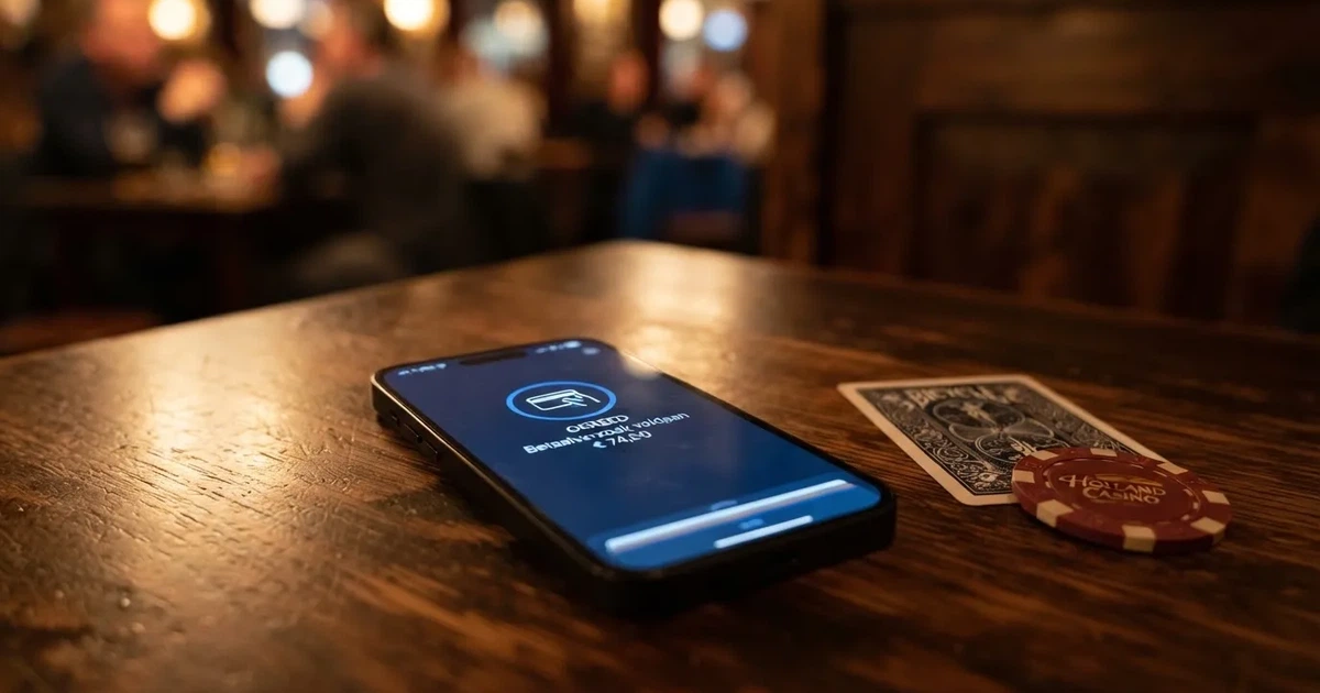 Een smartphone met het Google Pay-logo op het scherm, naast een speelkaart en een casino-chip op een donkere tafel