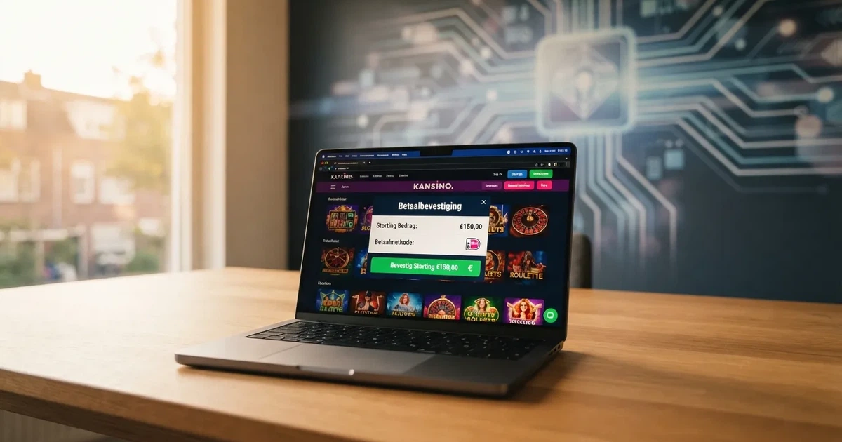 Een laptopscherm met een Nederlands online casino en het iDEAL-betaalscherm, met op de achtergrond het HiPay-logo als onzichtbare verwerker