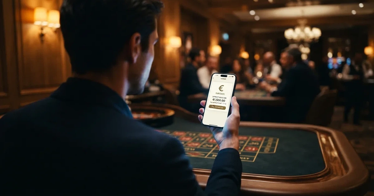 Een Nederlandse bank-app toont het iDEAL-betaalscherm op een smartphone, met op de achtergrond het logo van een online casino.