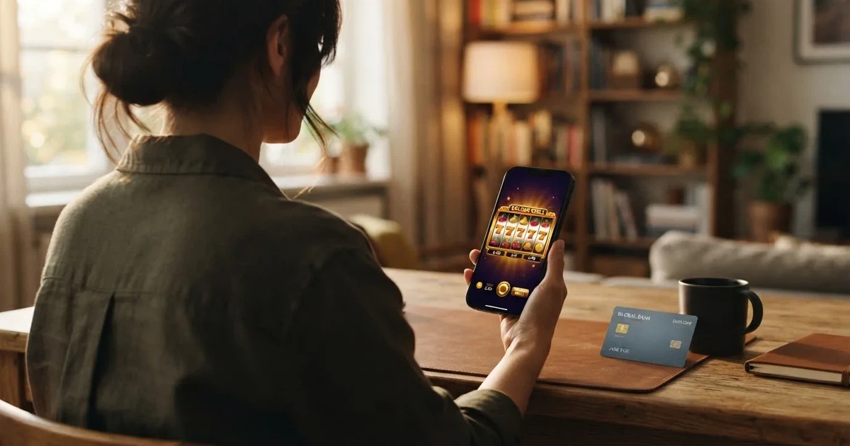 Een Nederlandse betaalpas met het Maestro-logo naast een smartphone waarop een online casino is geopend