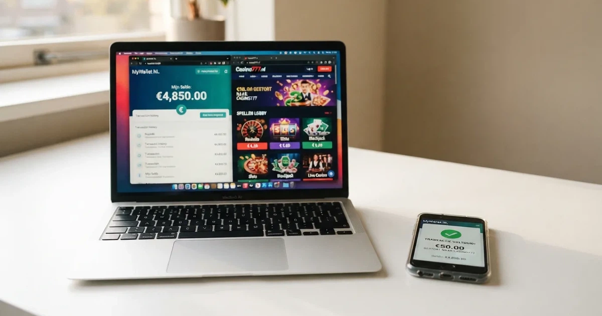 MiFinity eWallet-logo op een laptopscherm met een online casino-interface en een smartphone ernaast