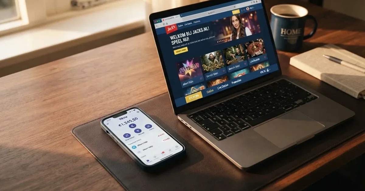 Een smartphone toont de MuchBetter-app naast een geopend Ksa-register op een laptopscreen