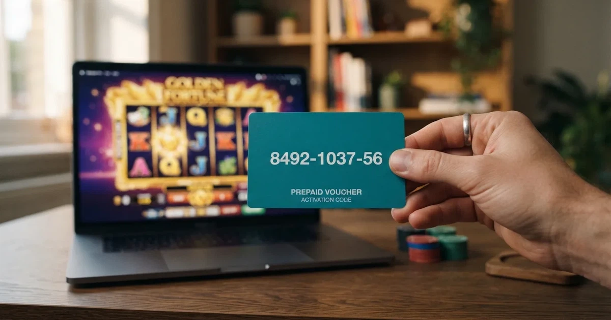 Een Neosurf-voucher met een 10-cijferige code in de hand van een speler, op de achtergrond het scherm van een online casino