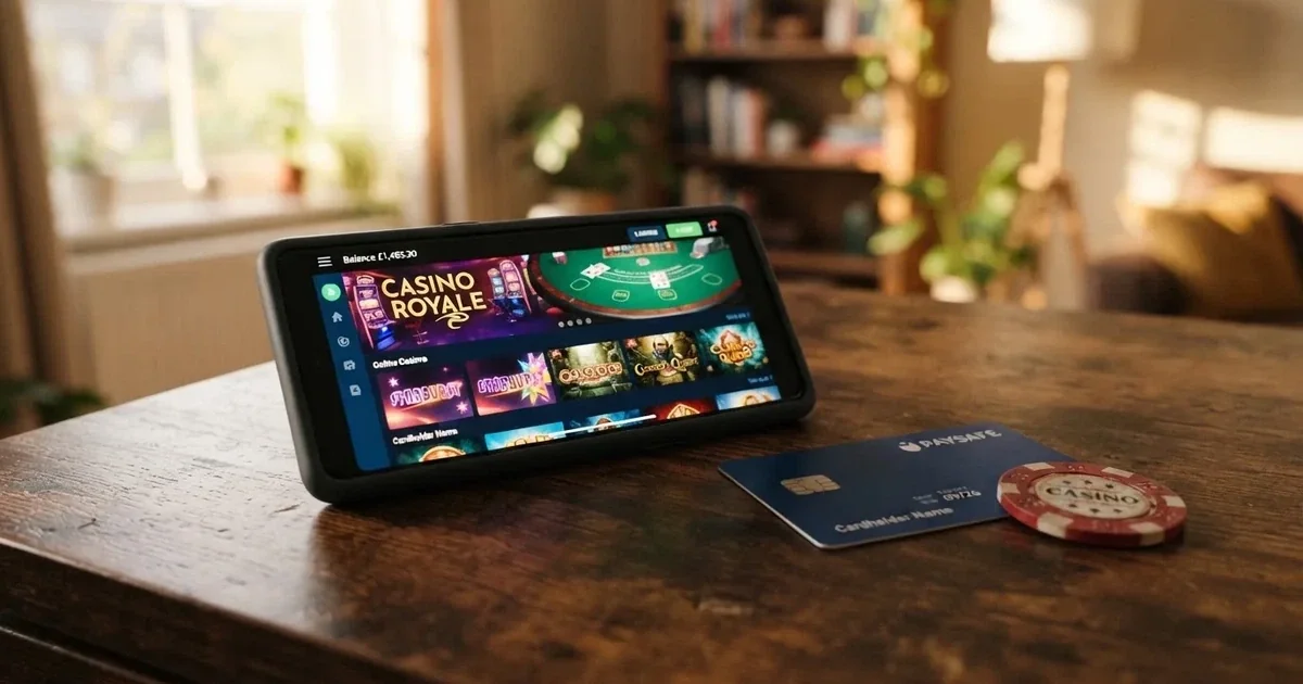 Smartphone met daarop een online casino en een Neteller-e-wallet naast een betaalpas
