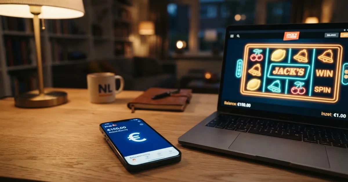 Een smartphone met de Revolut-app naast een laptop met een Nederlands online casino op het scherm