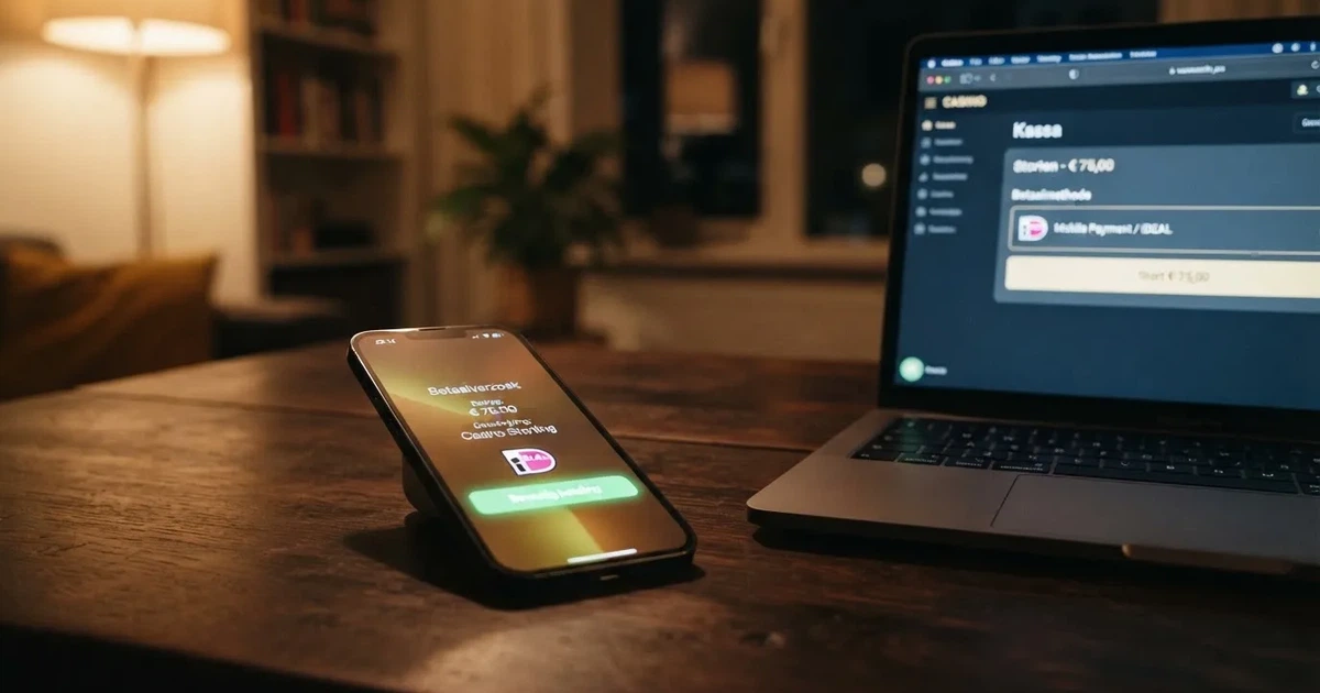 Smartphone met een Tikkie-betaalverzoek en een online casino-kassa op het scherm
