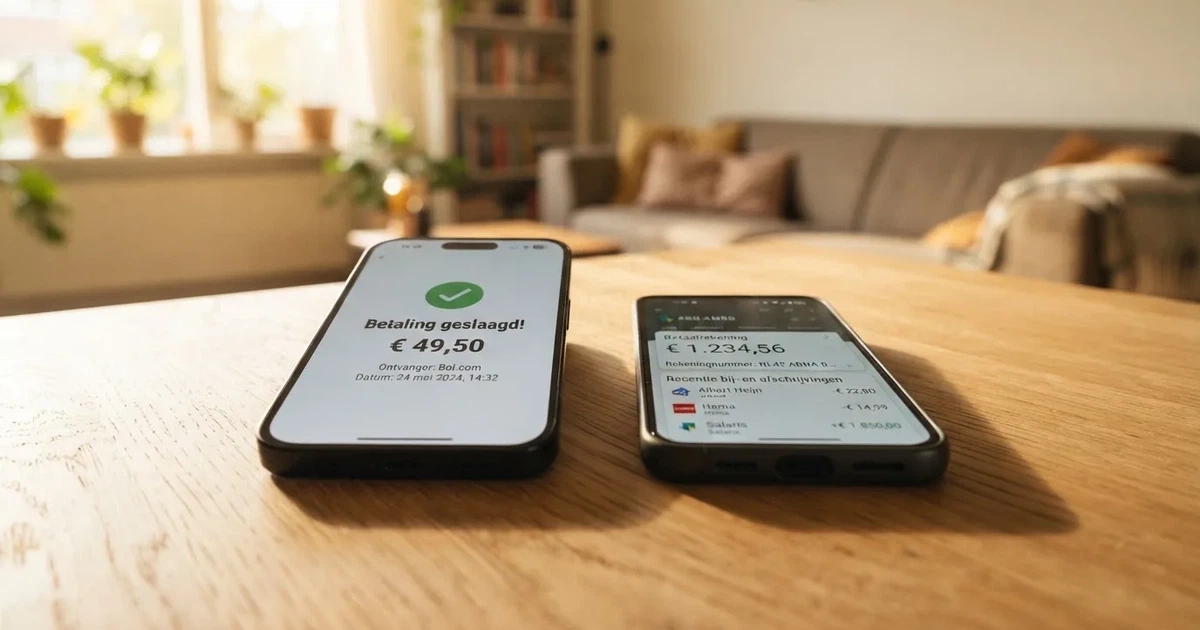 Smartphone met het bevestigingsscherm van een Trustly-betaling naast een bankapp