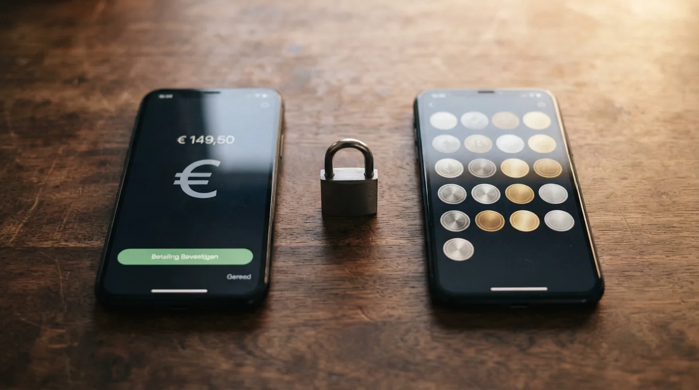Een smartphone met daarop het iDEAL-betaalscherm naast een scherm met cryptovaluta-opties — gescheiden door een slot-icoon met de tekst 'Cruks'.