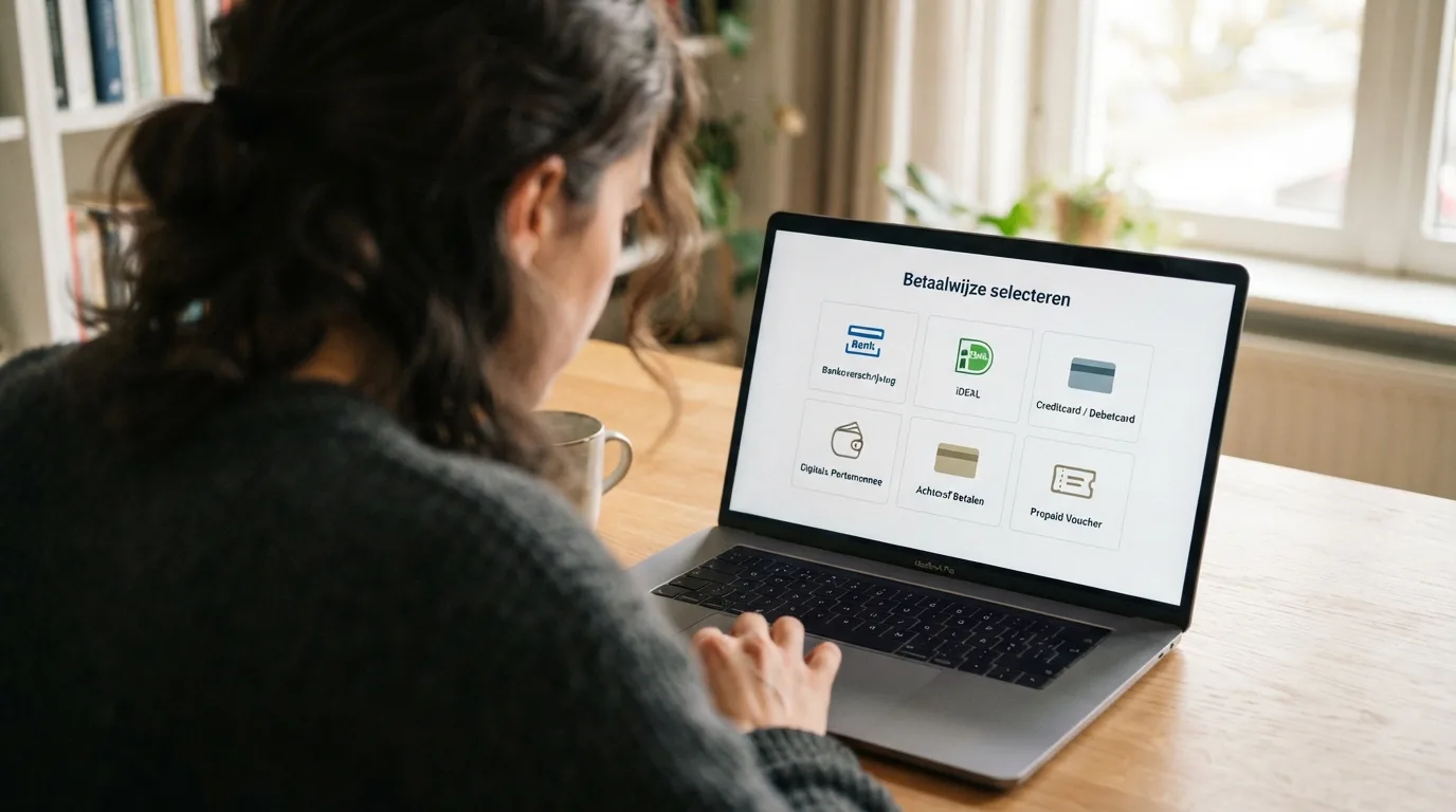 Overzicht van zes betaalmethoden (iDEAL, Trustly, Visa, Mastercard, PayPal, Paysafecard) zoals getoond op een Nederlandse casino-betaalpagina op een laptopscherm