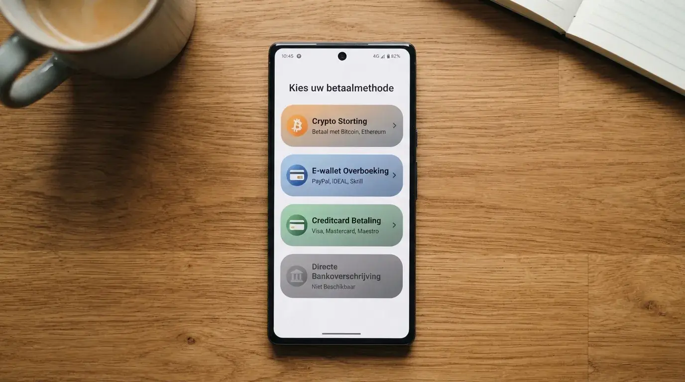Een betaalscherm zonder iDEAL-optie, met knoppen voor crypto en e-wallets.