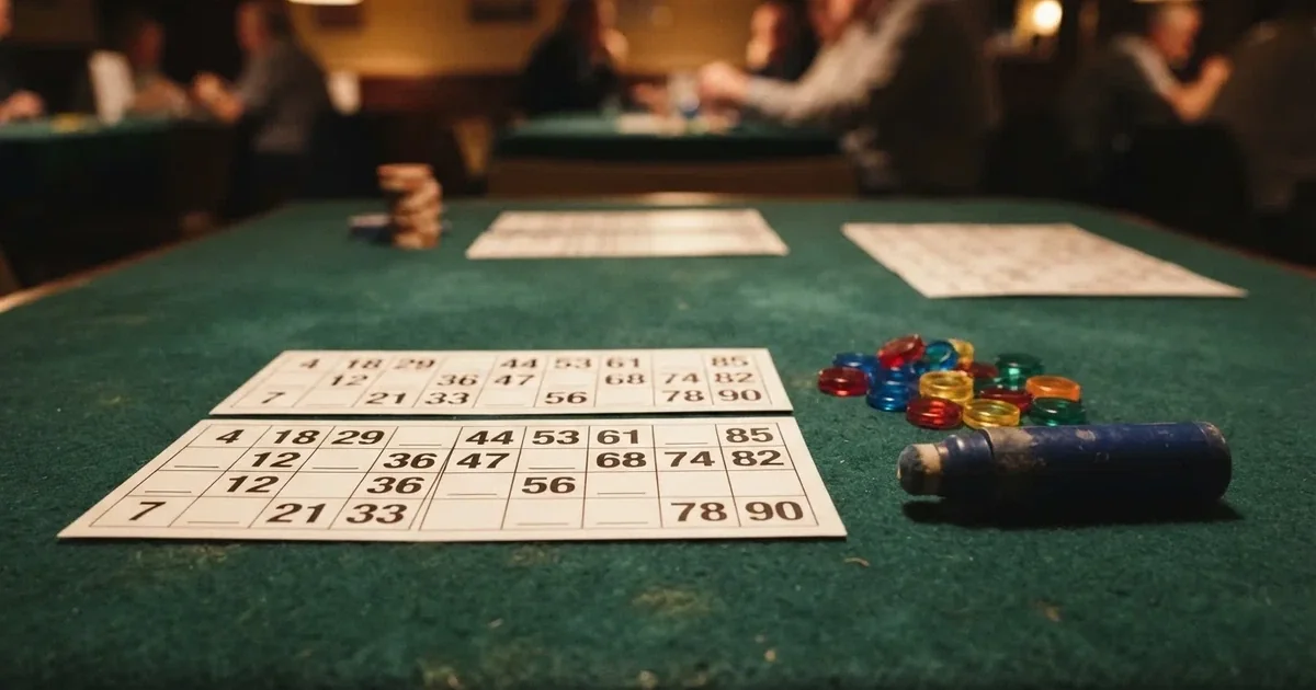 Bingokaarten met een 90-ballenraster en markeerstiften op een speeltafel