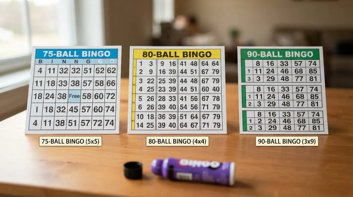 Drie bingokaarten naast elkaar met een 75-, 80- en 90-ballengrid