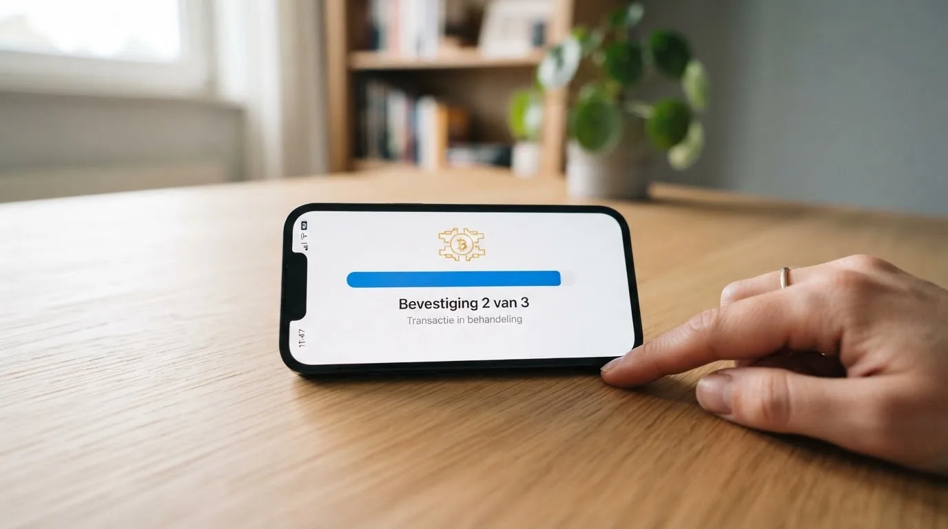 Een smartphone toont een bitcoin-transactie die op de blockchain wordt bevestigd