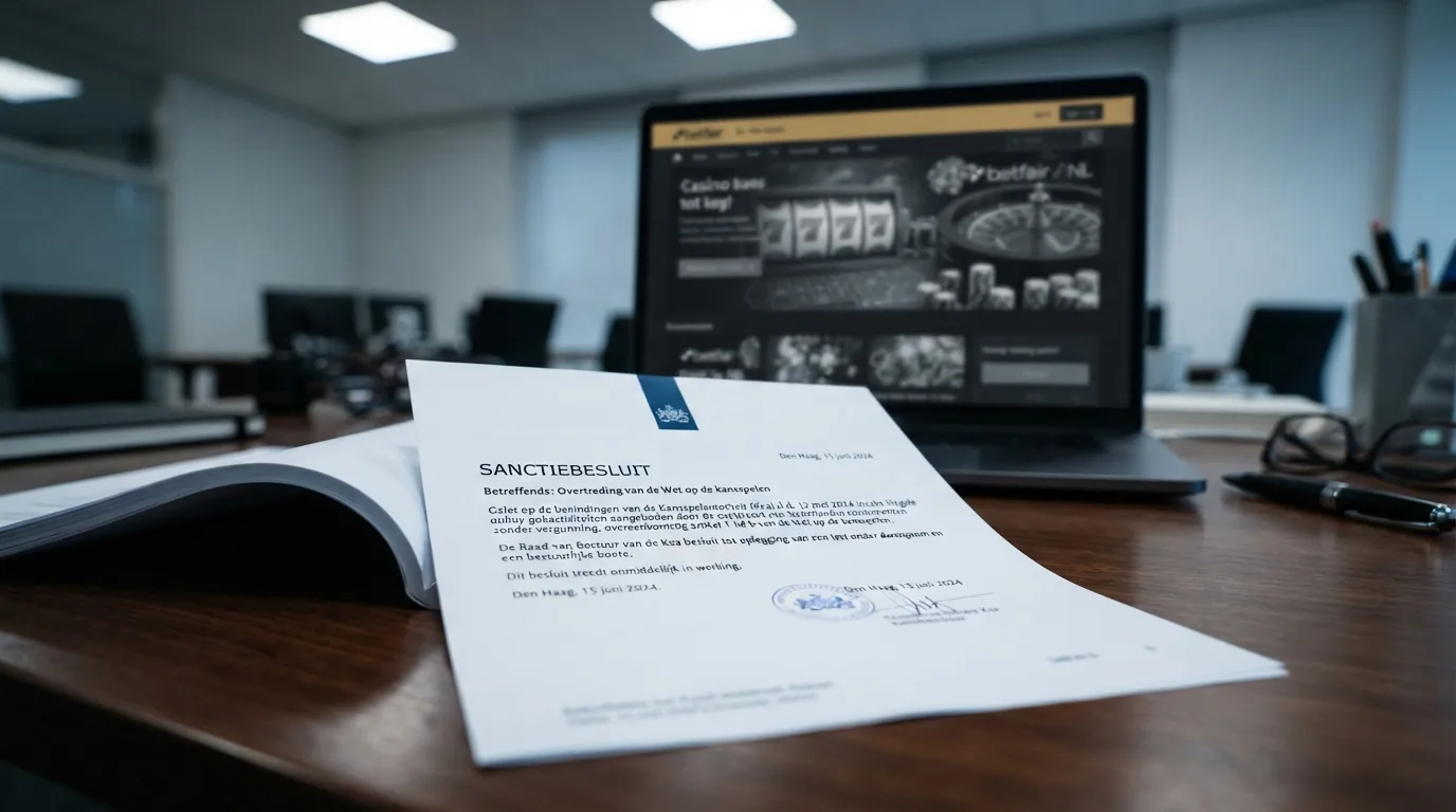 Een officieel ogend document met de tekst 'Sanctiebesluit Kansspelautoriteit', met op de achtergrond een gedempte weergave van een online casino-interface