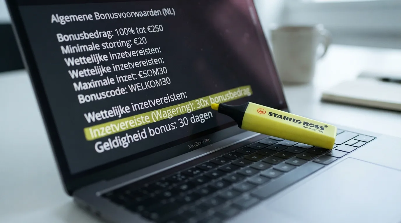 Een close-up van bonusvoorwaarden op een casino-website, met een markeerstift over de rondspeelvoorwaarde en de tijdslimiet