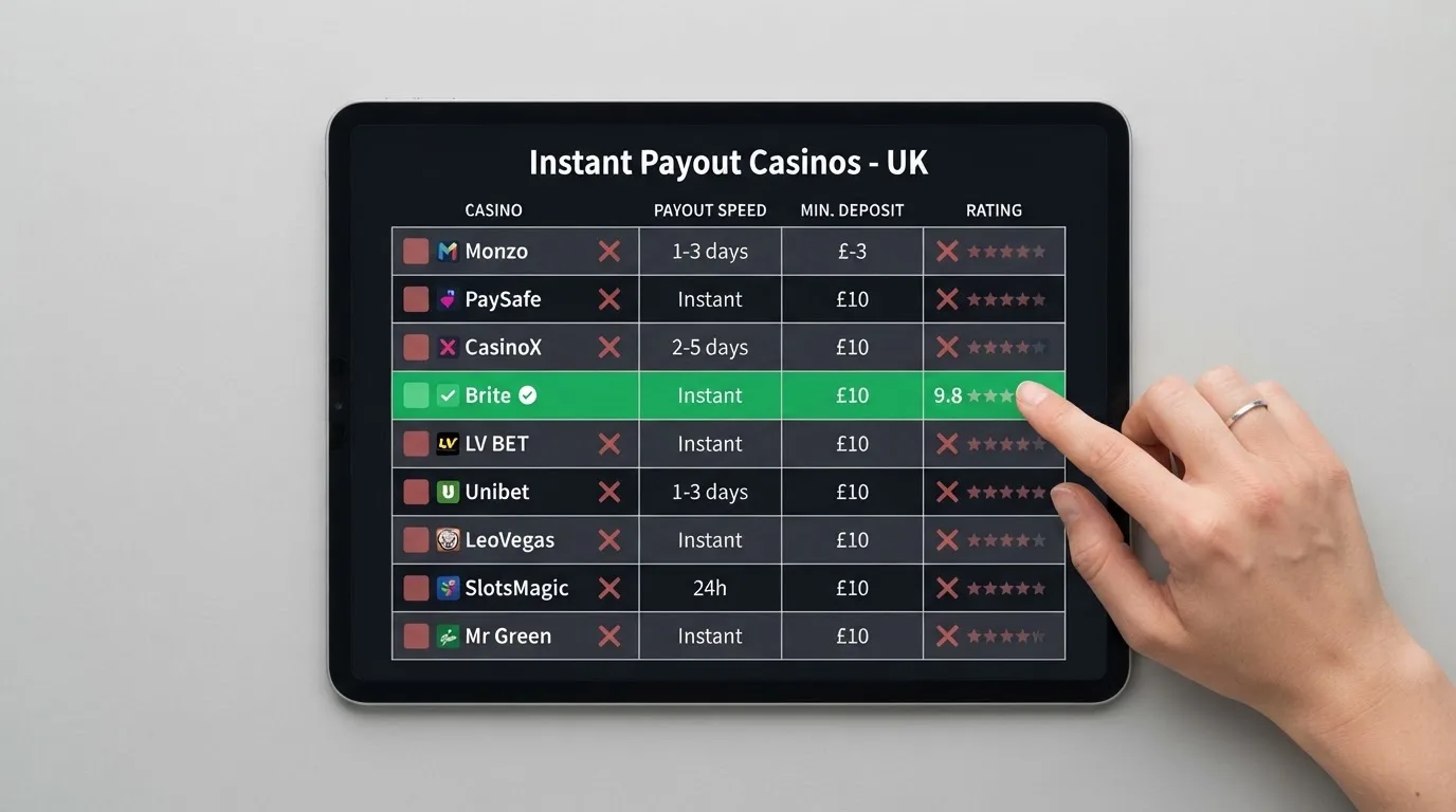 Een overzichtelijke tabel met Nederlandse online casino's waarin één rij een groen vinkje toont en negen rijen een rood kruis bij Brite-beschikbaarheid