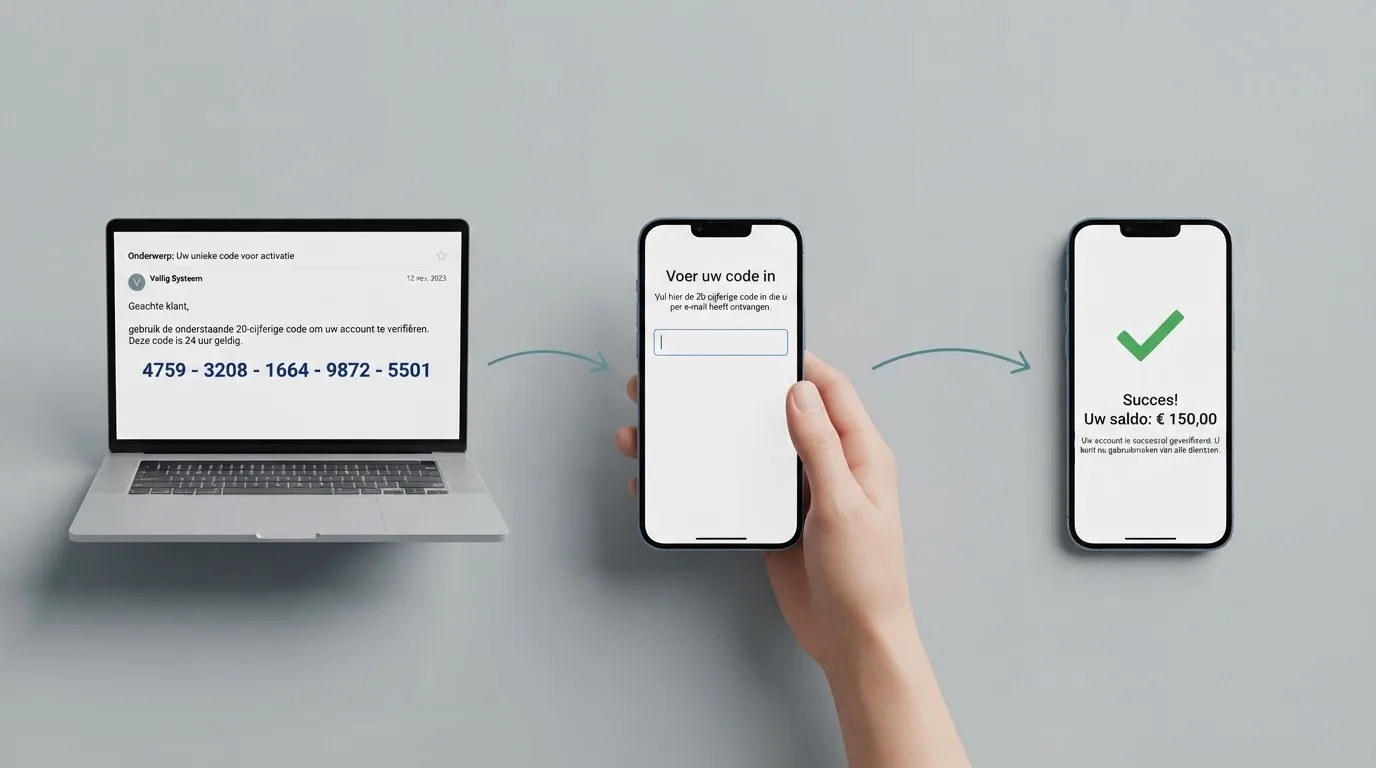 Een illustratie van de drie stappen van een CashtoCode-storting: een 20-cijferige pincode op een e-mailscherm, het invoerscherm van een casino en het bijgeschreven speeltegoed.