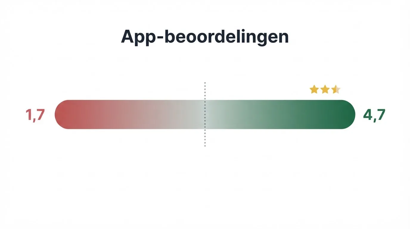 App Store- en Google Play-beoordelingen van tien legale Nederlandse casino apps naast elkaar in een overzicht