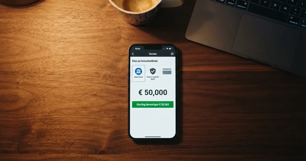 Een smartphone toont de stortingspagina van een Nederlands online casino met iDEAL, Trustly en creditcard als betaalopties