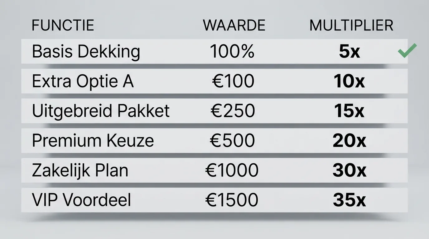 Een vergelijkingstabel met namen van casino's en kolommen voor bonus en doorspeelvoorwaarde