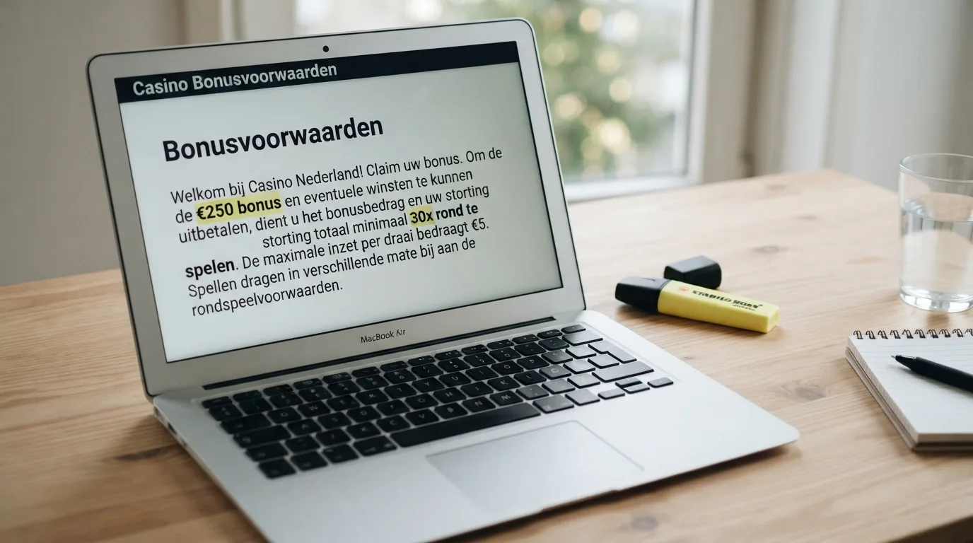 Een laptopscherm met de bonusvoorwaardenpagina van een Nederlands online casino, met een markeerstift naast de rondspeelvoorwaarde.