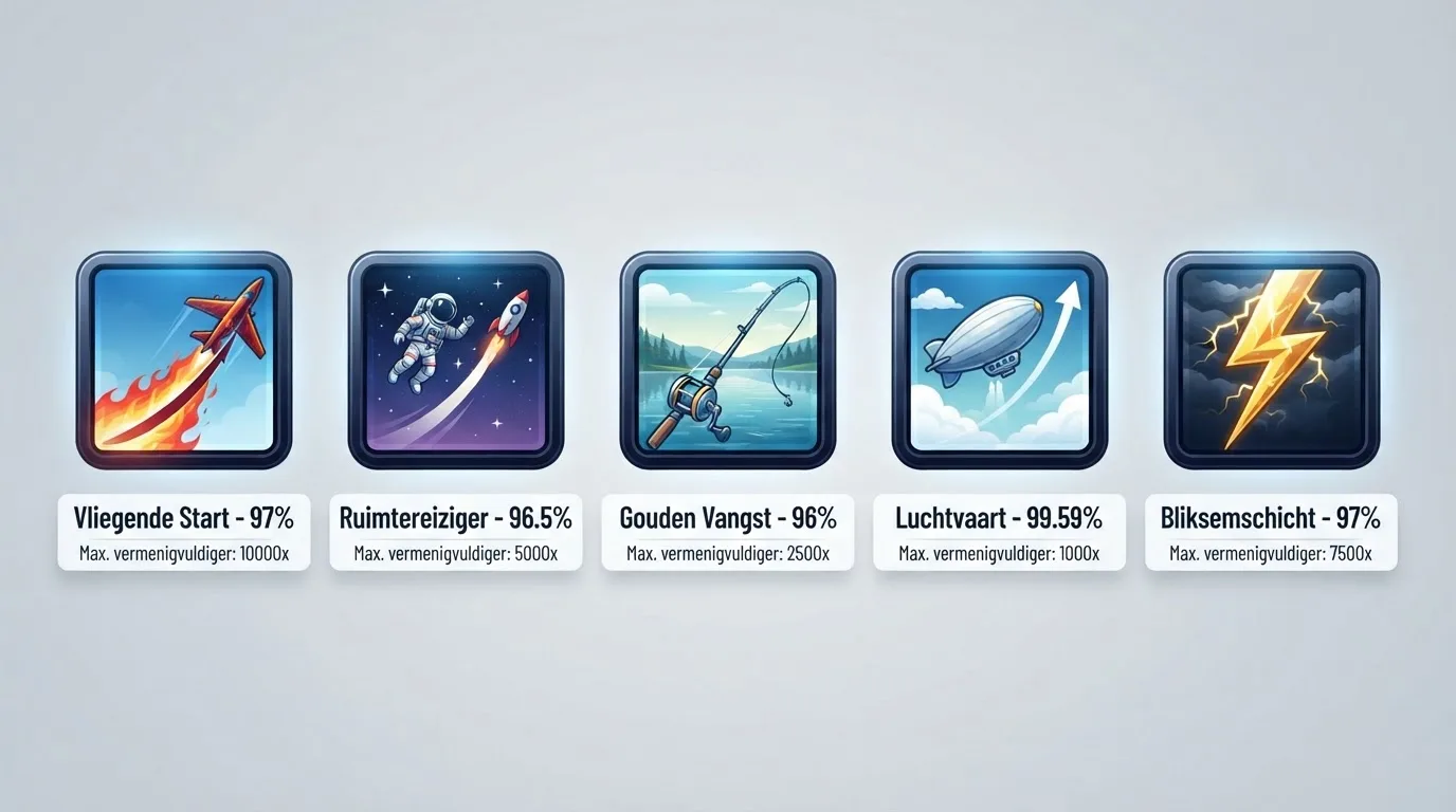 Vijf crash games naast elkaar — Aviator, Spaceman, Big Bass Crash, Cash or Crash Live en Speed Crash — met hun RTP en maximale multiplier