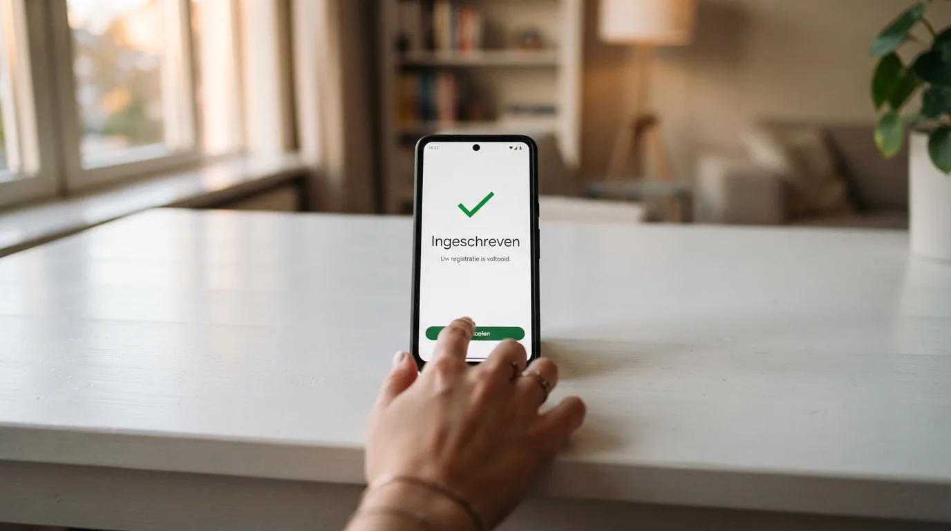Een telefoon met het Cruks-logo en een vinkje bij 'ingeschreven'