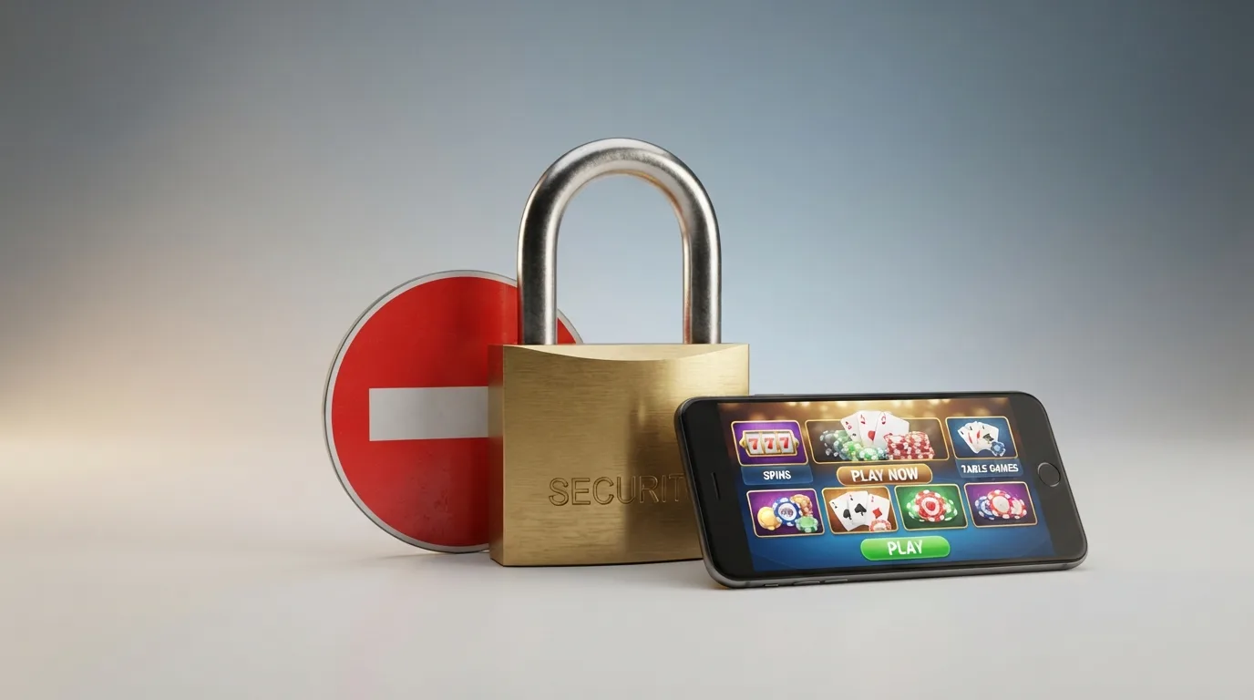 Een vergrendeld slot met een rood verbodsbord naast een smartphone met een casino-site