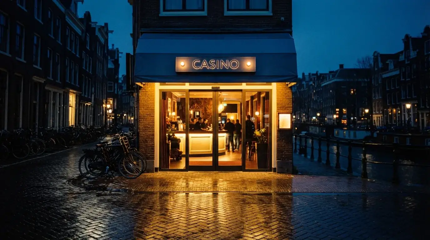Een verlichte casino-ingang aan een Nederlandse straat, in het donker
