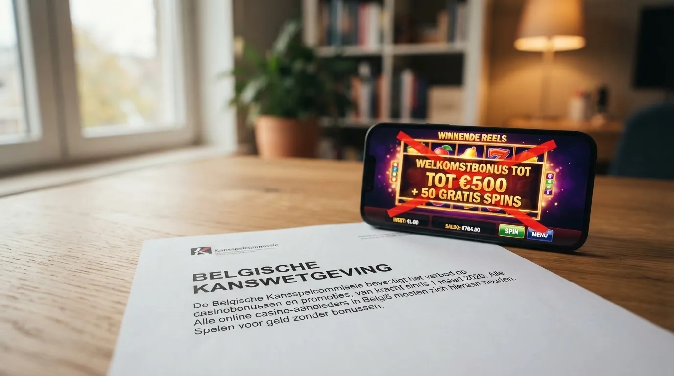 Een doorgestreepte welkomstbonus boven een document van de Belgische kansspelwet