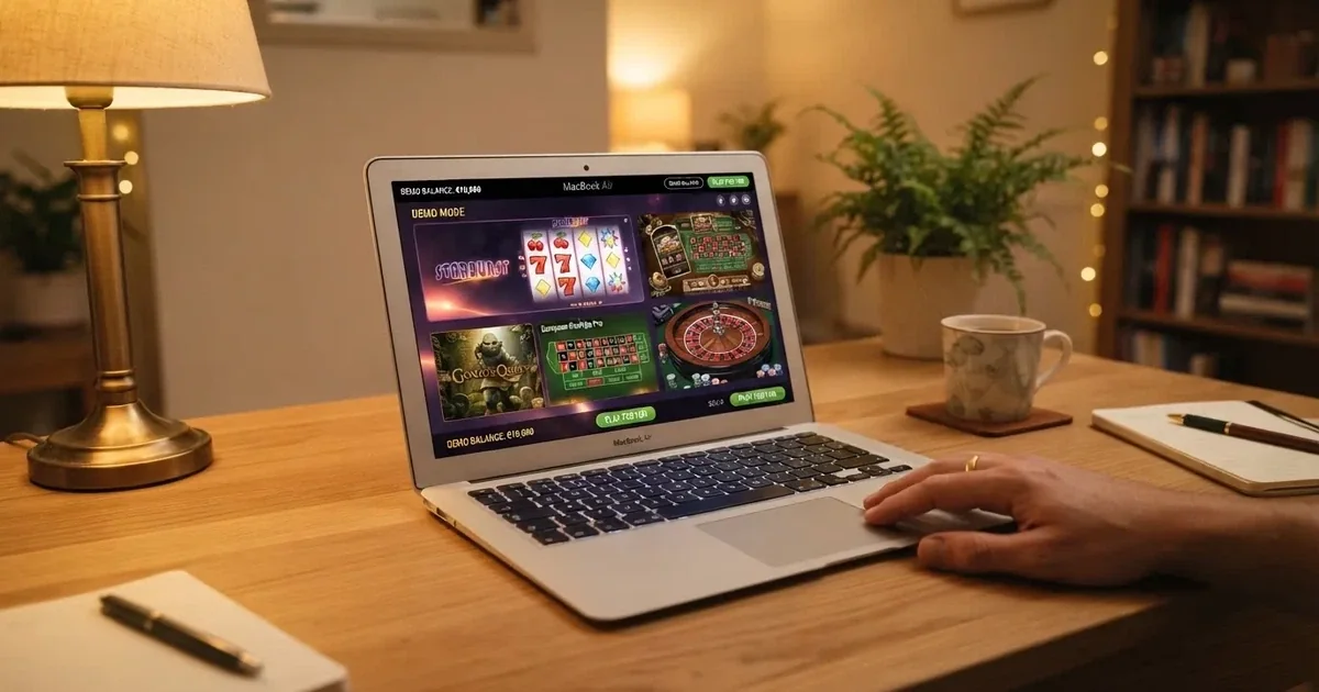 Een laptopschem met een online casino demo-modus waarop gratis slots en roulette zichtbaar zijn, zonder dat er een account is aangemaakt