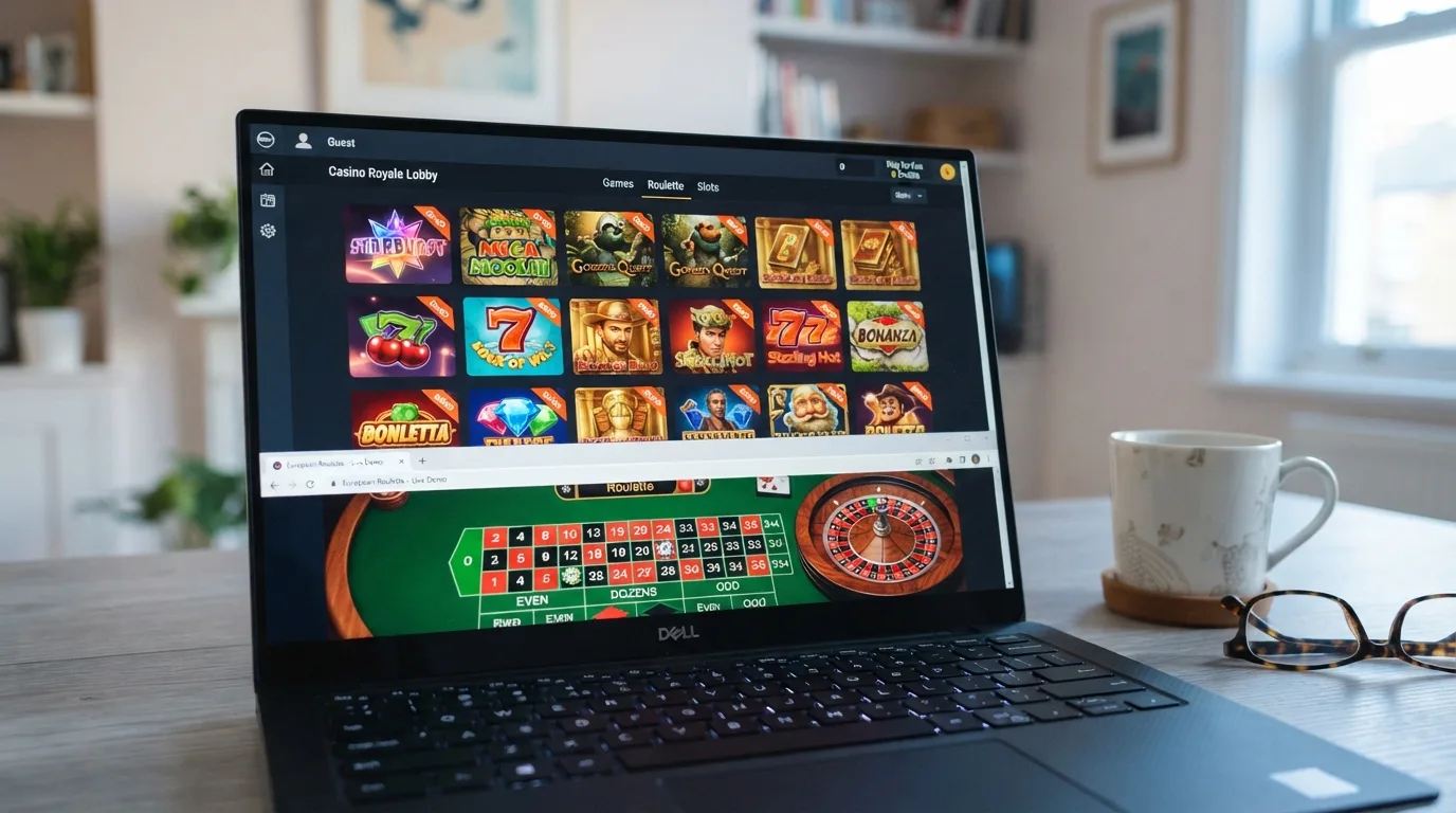 Een raster van kleurrijke slot-iconen en een roulettetafel in demo-modus op het scherm van een online casino