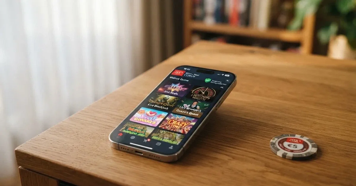Een iPhone met op het scherm het beginscherm van een Nederlandse casino-app, met zichtbare speltegels en het Ksa-keurmerk in beeld